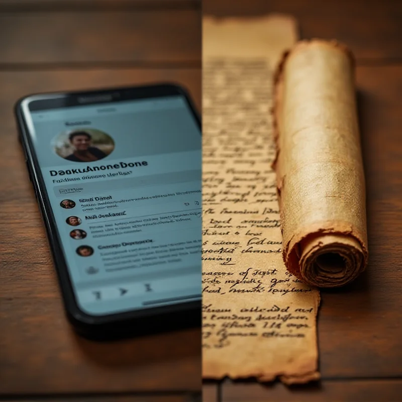 A split image showing a smartphone on one side and an ancient scroll on the other, symbolizing the connection between modern and historical communication.