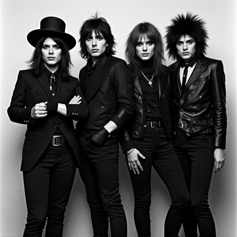 Black and white photo of the New York Dolls standing together