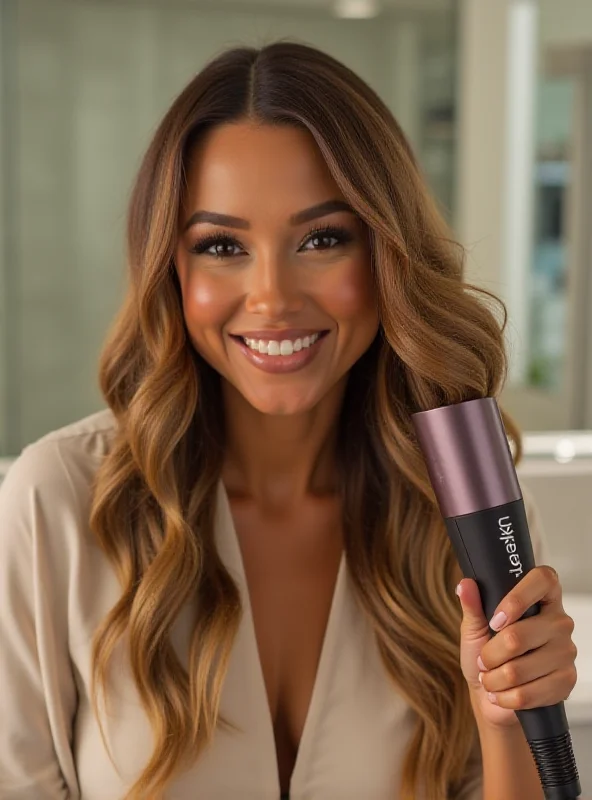 A woman smiling while using the Shark FlexStyle hair dryer to style her hair.