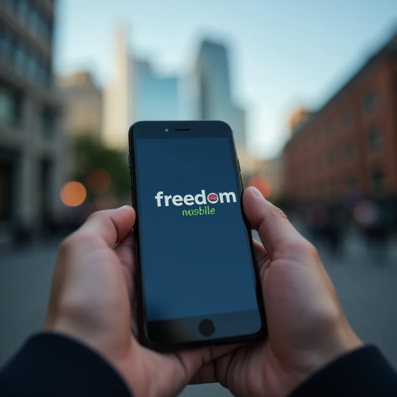A person holding a smartphone with the Freedom Mobile logo displayed on the screen.