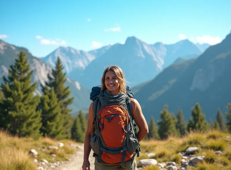 A hiker wearing a Mountain Hardware Multi Pitch 20L Backpack stands on a mountain trail with a scenic view in the background.
