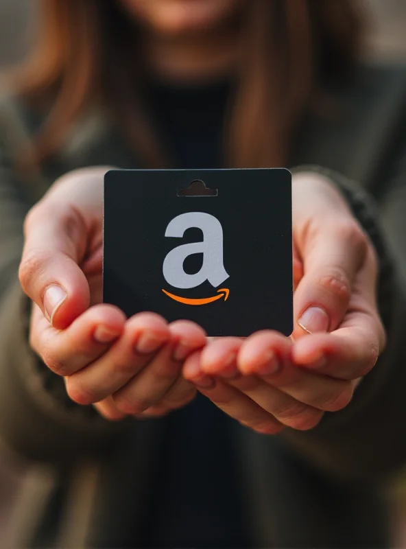 A person holding an Amazon gift card with the Amazon logo prominently displayed.
