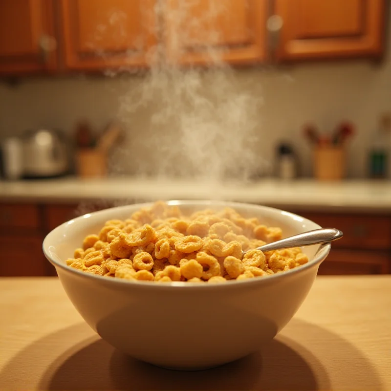 A bowl of Malt-O-Meal Original Hot Breakfast Cereal with a spoon in it, set against a warm and inviting kitchen background.