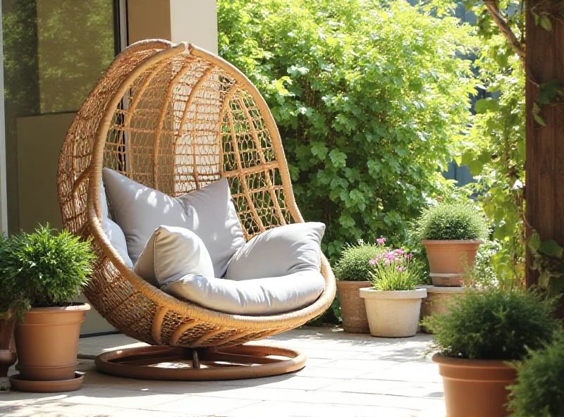 A cozy beige Papasan chair with a gray cushion sitting on a patio.