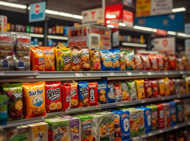 Close-up shot of various snack foods and drinks available at Circle K, like chips, candy bars, and soda, all with a bright and inviting display.