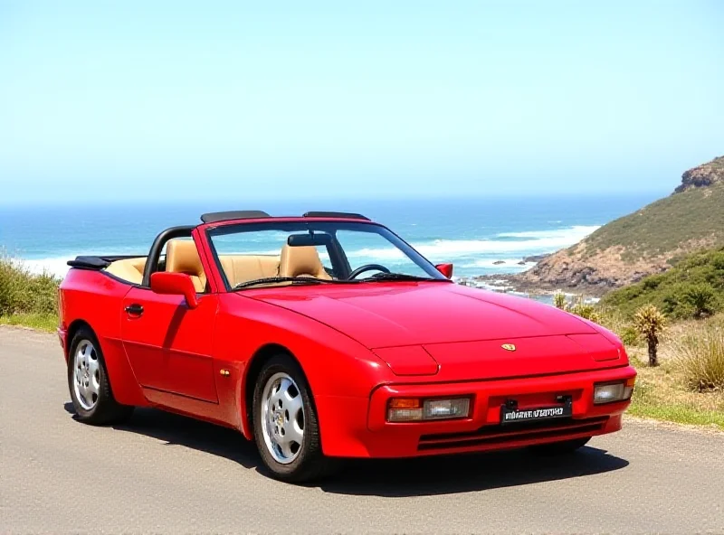 A vibrant red Porsche 944 parked on a scenic coastal road, with the ocean in the background. The car is in pristine condition, showcasing its sleek lines and classic design. The sun is shining, adding to the car's allure.