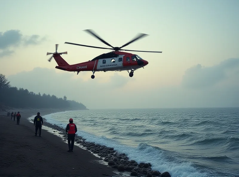 A Coast Guard helicopter hovering over a choppy body of water during a search and rescue operation. The scene is set in the early morning, with a faint glow on the horizon. Emergency personnel are visible on the shoreline, coordinating the rescue effort.