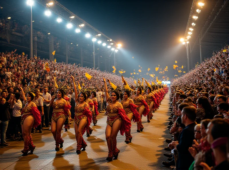A vibrant scene from the Champions Parade at Sapucaí, with dancers in colorful costumes.