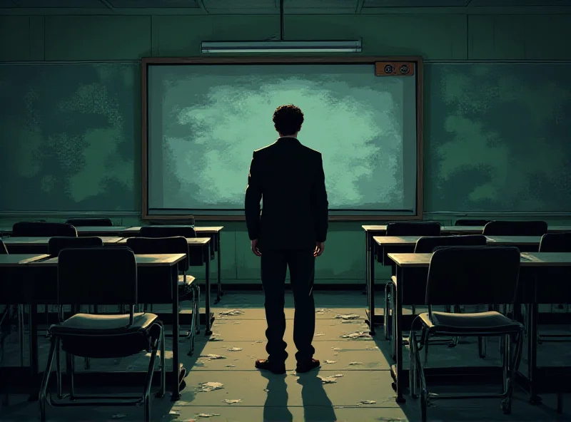 Illustration of a nearly empty classroom with a teacher looking concerned.