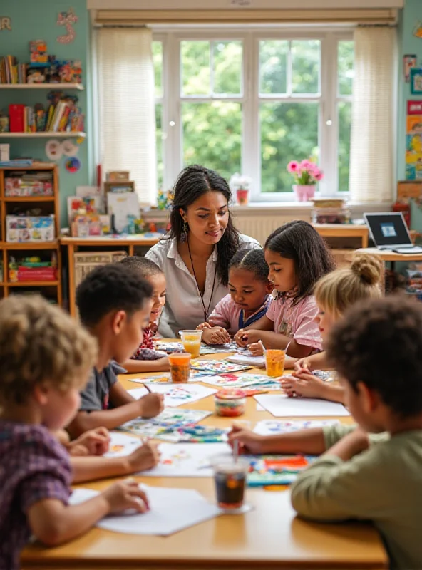 A diverse group of elementary school students working closely with their teacher in a bright, well-equipped classroom.