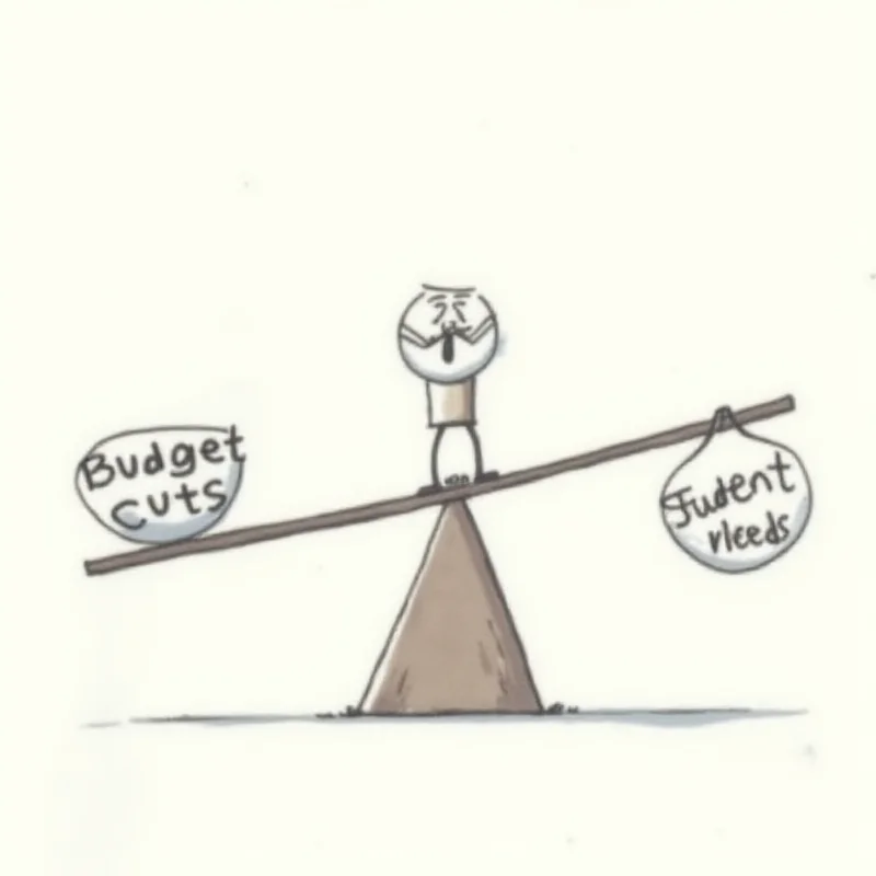 Cartoon depicting a seesaw balanced with 'budget cuts' on one side and 'student needs' on the other, with a teacher looking stressed in the middle.