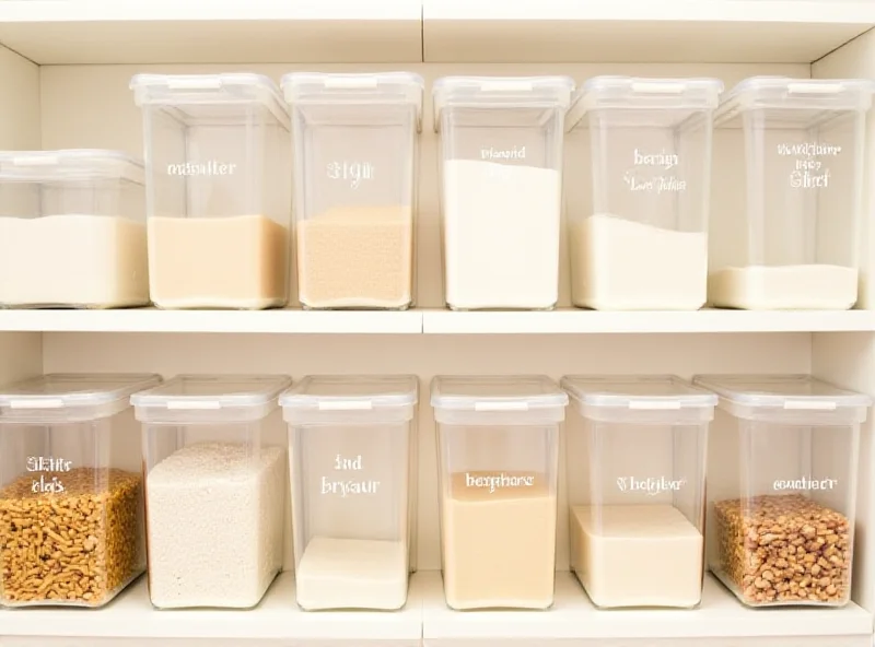 A beautifully organized pantry with clear containers and labels.