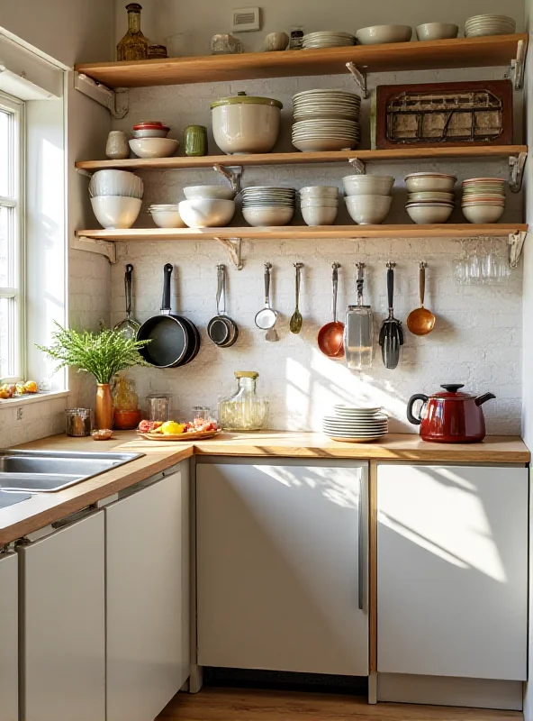 A small, well-organized kitchen with vertical storage solutions.