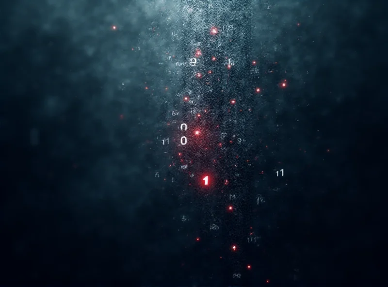 Abstract representation of a data leak with fragmented code and a blurred background.