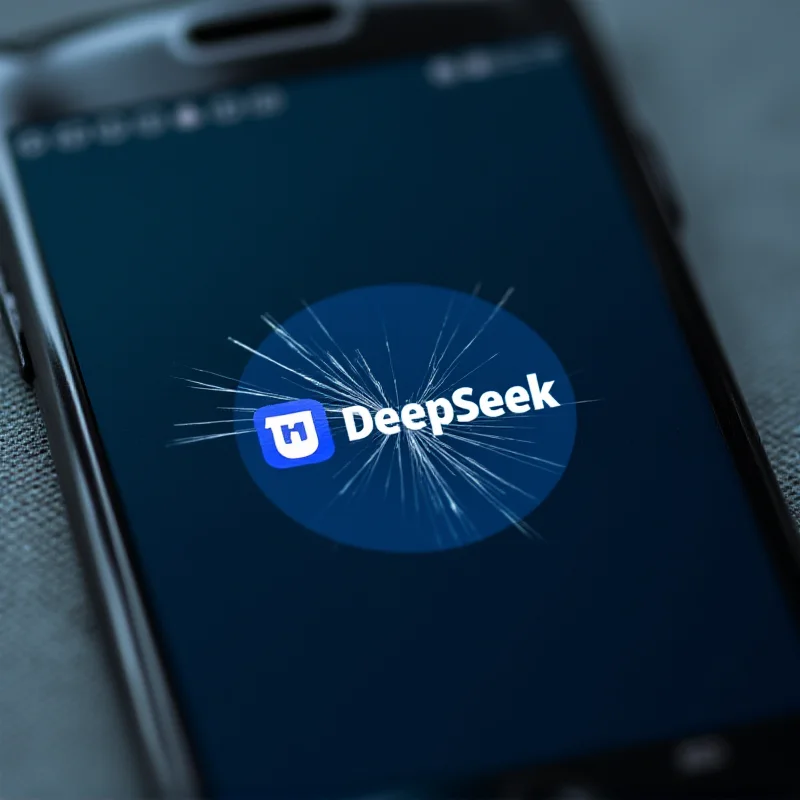 A close-up image of a smartphone displaying the DeepSeek logo, partially obscured by a cracked screen effect.
