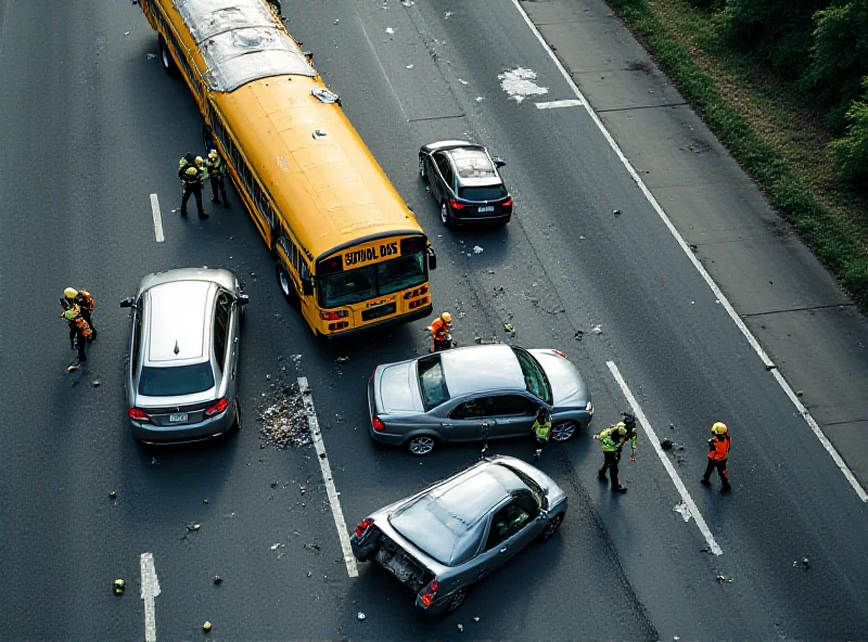 Aerial view of a four vehicle crash including a school bus