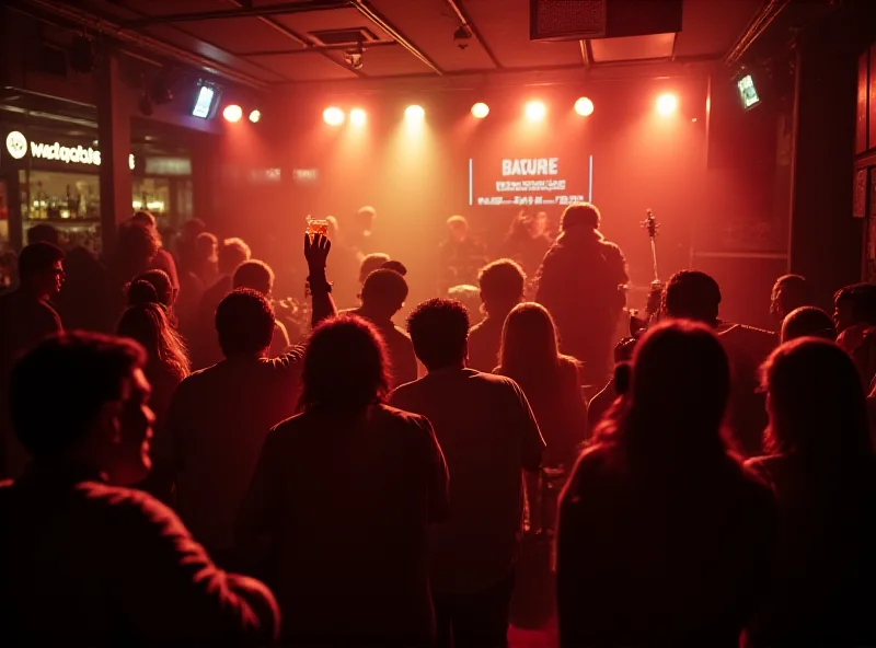 A crowded bar scene with live music and people drinking beer, reminiscent of the 1990s at Dejvická Station.