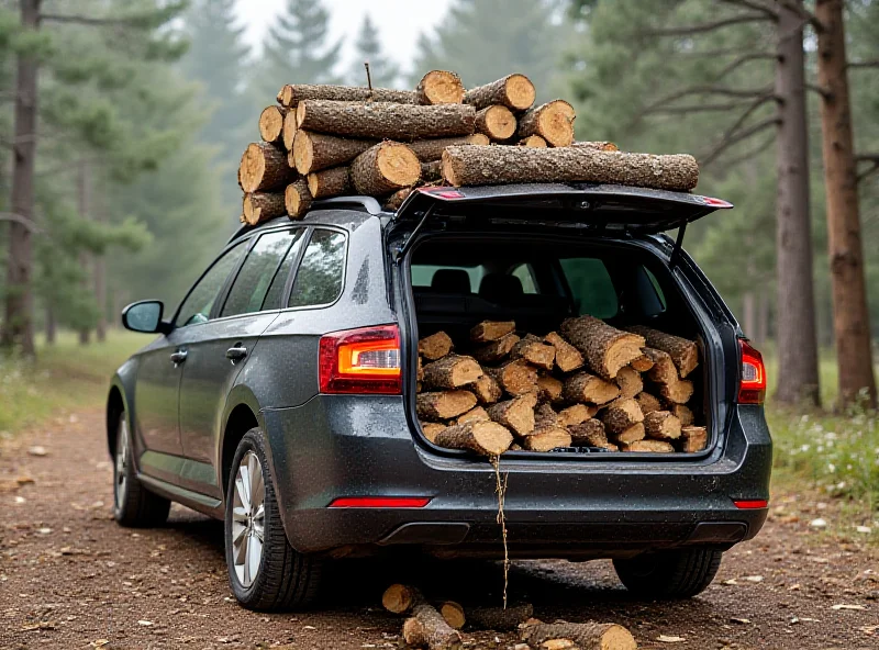 A damaged Skoda Octavia car overloaded with logs and firewood, showcasing a broken axle and a humorous, albeit unfortunate, situation.