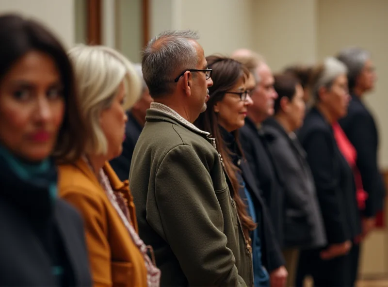 A diverse group of people standing in line, representing the different voters who have political views.