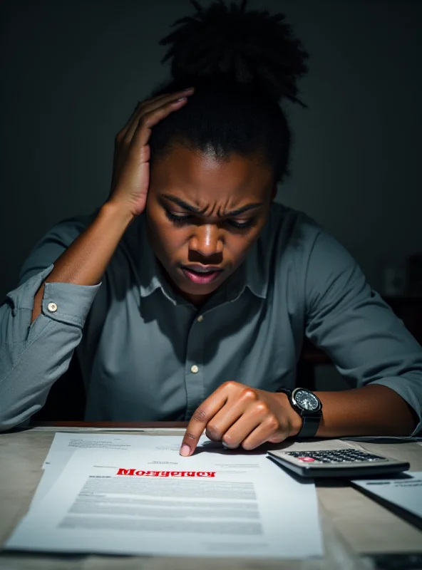 A worried homeowner looking at a document with the word 'mortgage' highlighted in red.