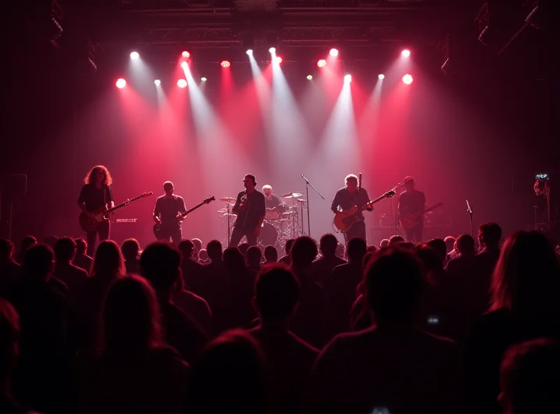 A vibrant concert scene with a band performing on stage and a lively crowd enjoying the music.