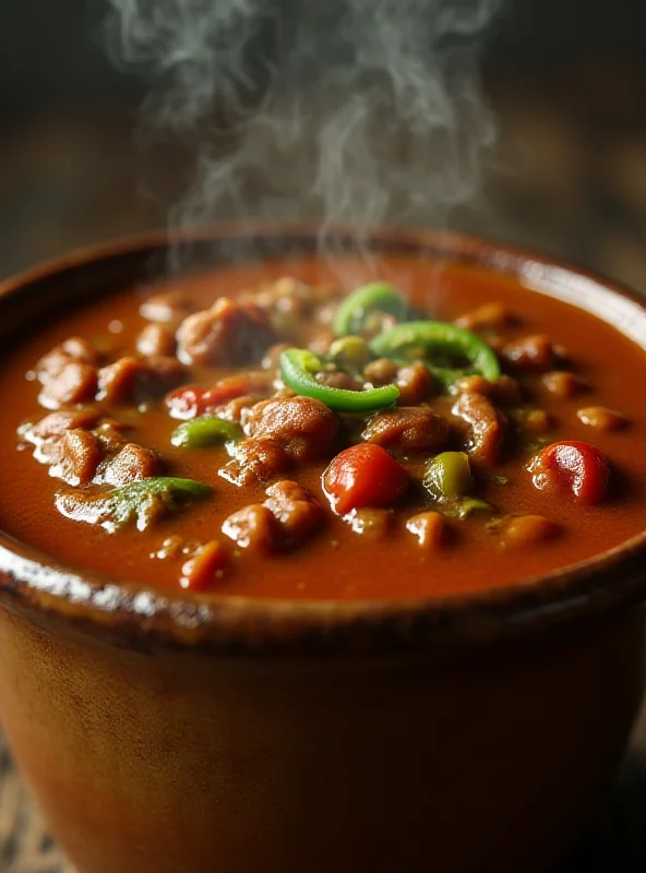 Close-up shot of a steaming mug of green chile, highlighting its rich color and texture.