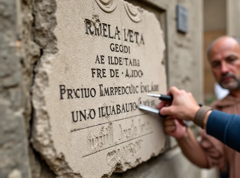 A close-up of a plaque being removed from a wall, showing hands and tools. The background is blurred and shows a historical building.