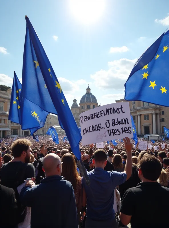 A large crowd of people holding European Union flags and signs in a city square. The sky is bright and sunny.