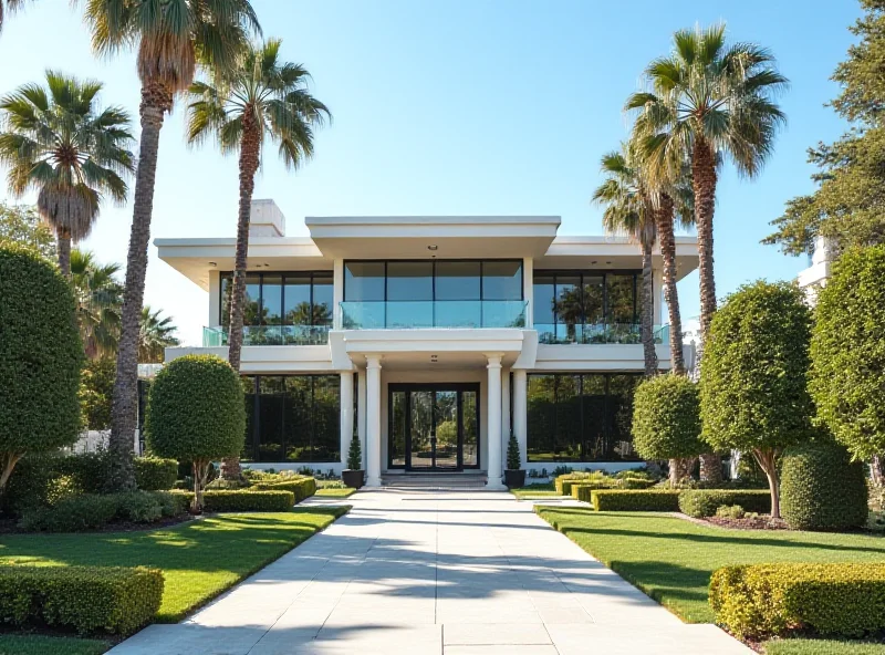 Exterior view of a luxurious Los Angeles mansion with palm trees and a sunny sky.