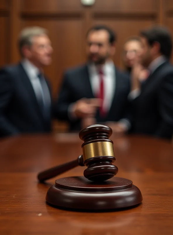 A courtroom scene with a gavel on the table and lawyers in suits blurred in the background.