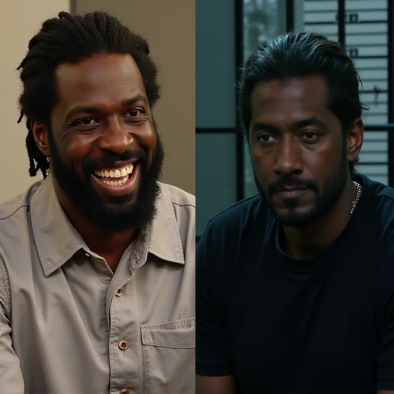A split image showing Sean 'Diddy' Combs smiling during an interview and a somber-looking person in a jail cell.