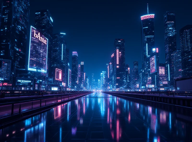 A futuristic cityscape with glowing digital banking symbols overlaid.