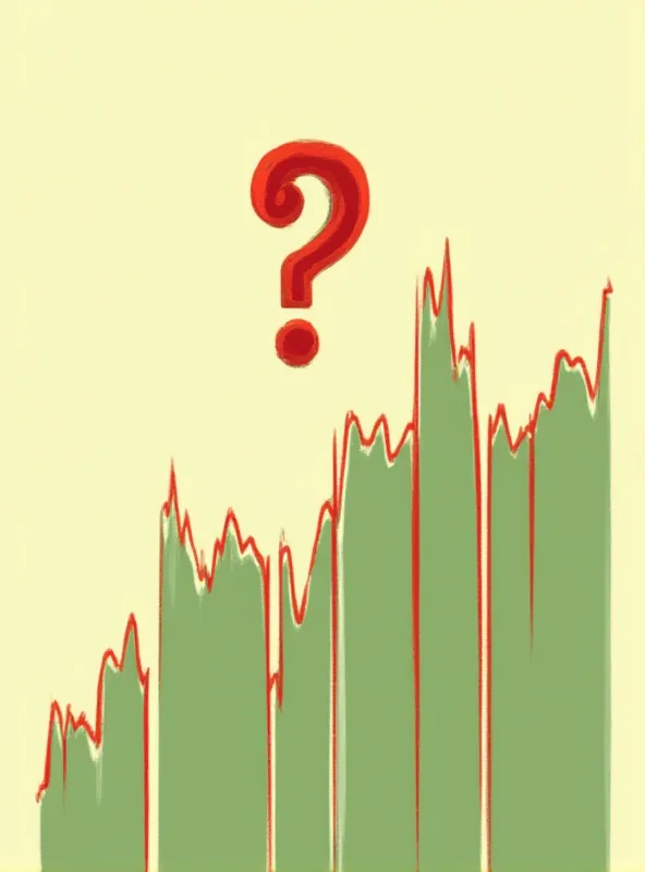 A stylized graph showing Bitcoin price volatility with a question mark hovering above it.