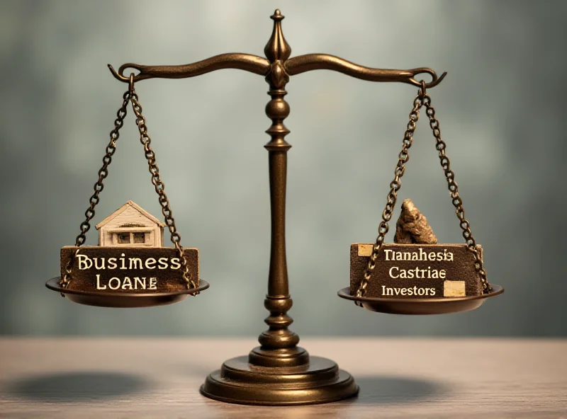A balance scale showing the pros and cons of business loans versus investors.