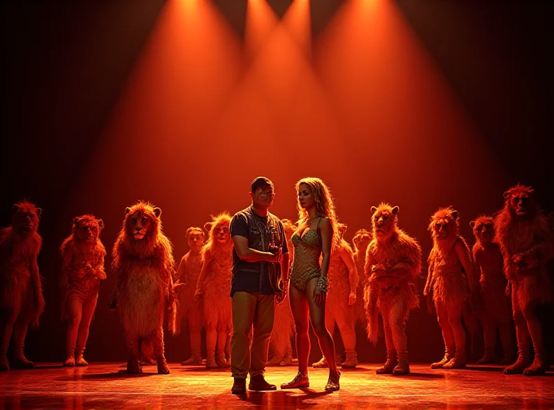 A vibrant stage scene from The Lion King musical featuring Simba and Nala.