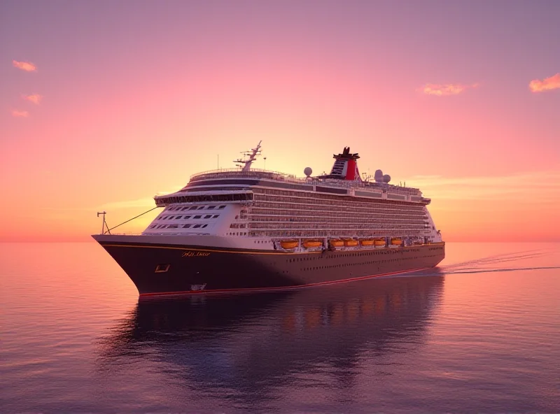 A rendering of Disney's newest and largest cruise ship sailing on a calm ocean at sunset.