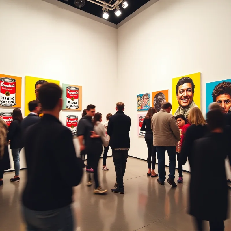 People admiring Andy Warhol paintings at an exhibition