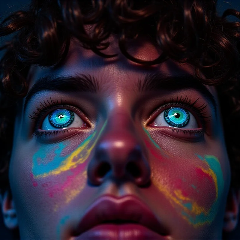 A close-up shot of a person's eyes wide open, seemingly experiencing a psychedelic trip. The eyes reflect vibrant colors and swirling patterns, suggesting a heightened state of visual perception and altered reality.