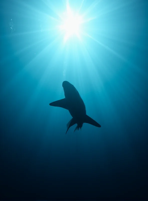 Image of a shark swimming in the ocean, silhouetted against the sunlight.