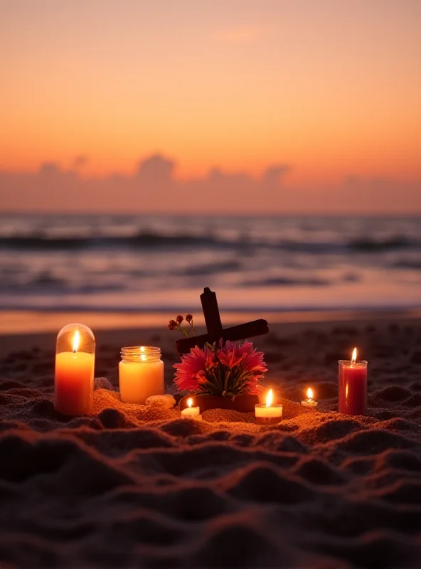 A memorial on a beach with flowers and candles, dedicated to the lost divers.