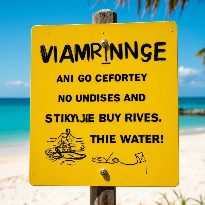 Warning sign on a beach about strong currents and shark presence.