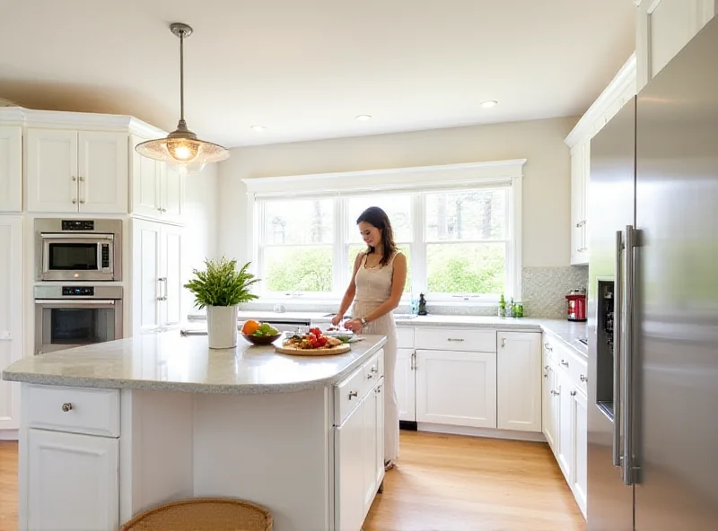 A bright and airy kitchen with updated hardware and lighting.