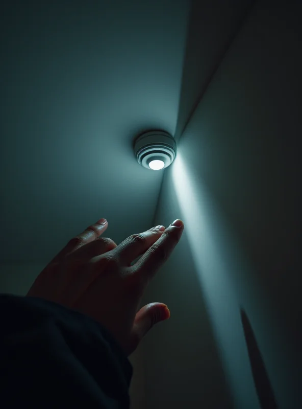 A person carefully checking a smoke detector for hidden cameras.