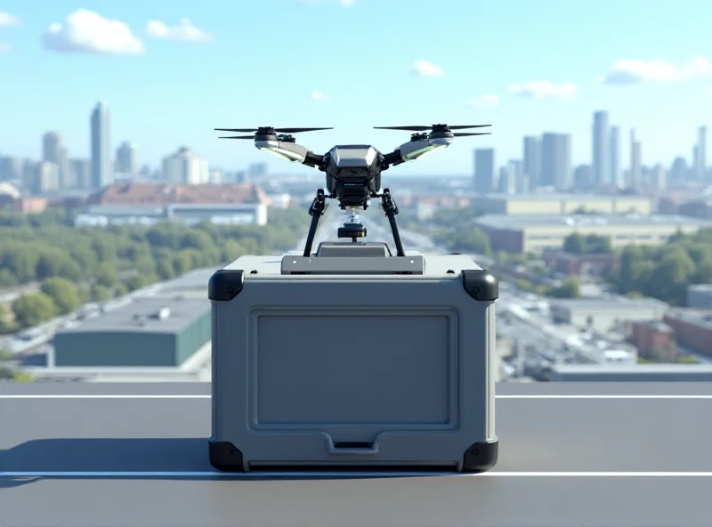 Illustration of a DJI Dock 3 system deployed in an industrial setting, with a drone launching.