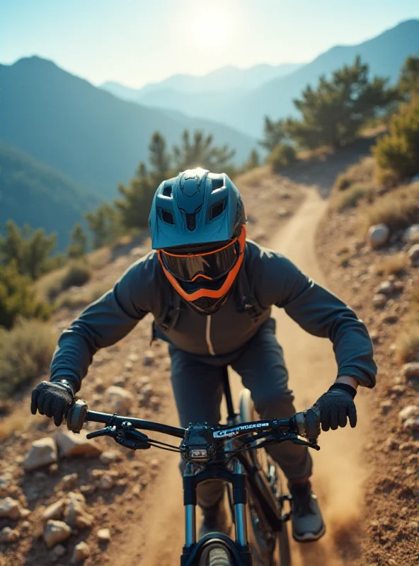 A person using a DJI action camera while participating in an extreme sport, like mountain biking.