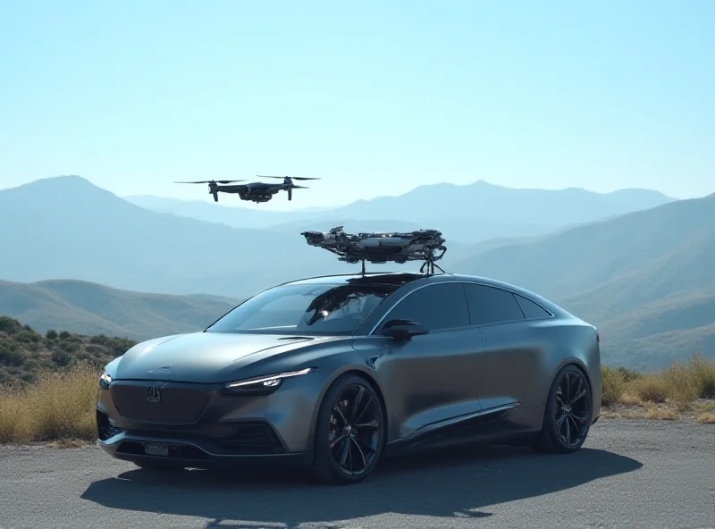 A BYD car with a roof-mounted drone launchpad, showcasing a DJI drone taking off.