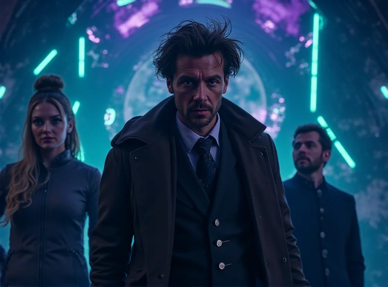 Doctor Who trailer scene with the Doctor and a new companion standing in a futuristic setting.
