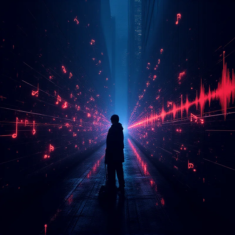 Abstract representation of musical notes and city lights blending together, symbolizing XXX Nightshift's soundtrack.