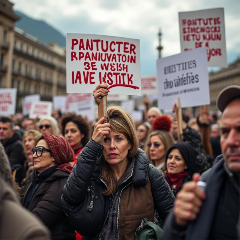 Protestors holding signs with slogans about justice and the rule of law in Bosnia