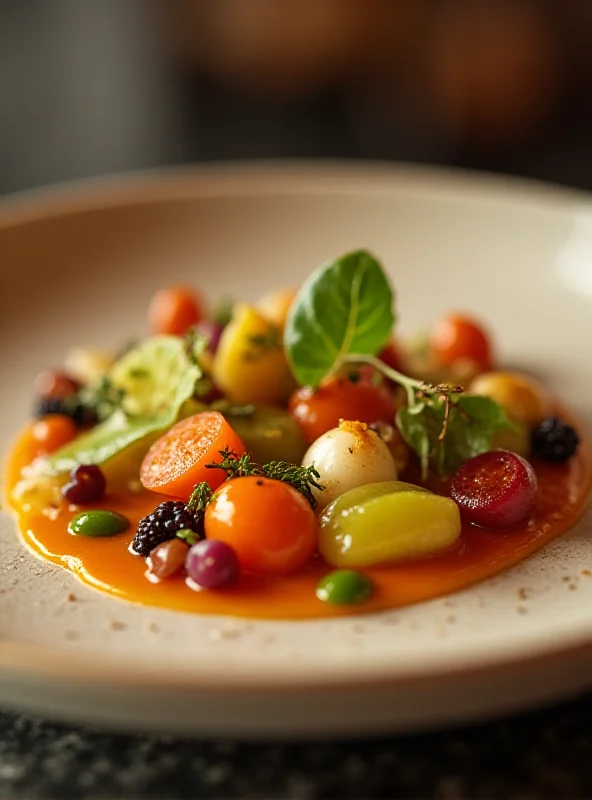 A beautifully plated dish in a high-end restaurant in Flanders, showcasing minimalist culinary artistry with fresh, local ingredients.